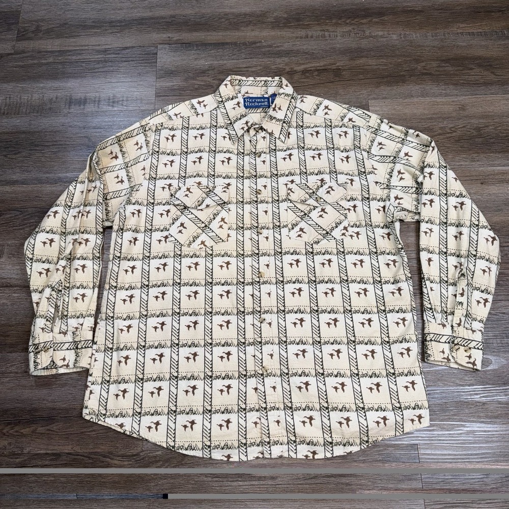 Norman Rockwell Flannel Shirt Mens Large Button Up Long Sleeve Cream Duck Print